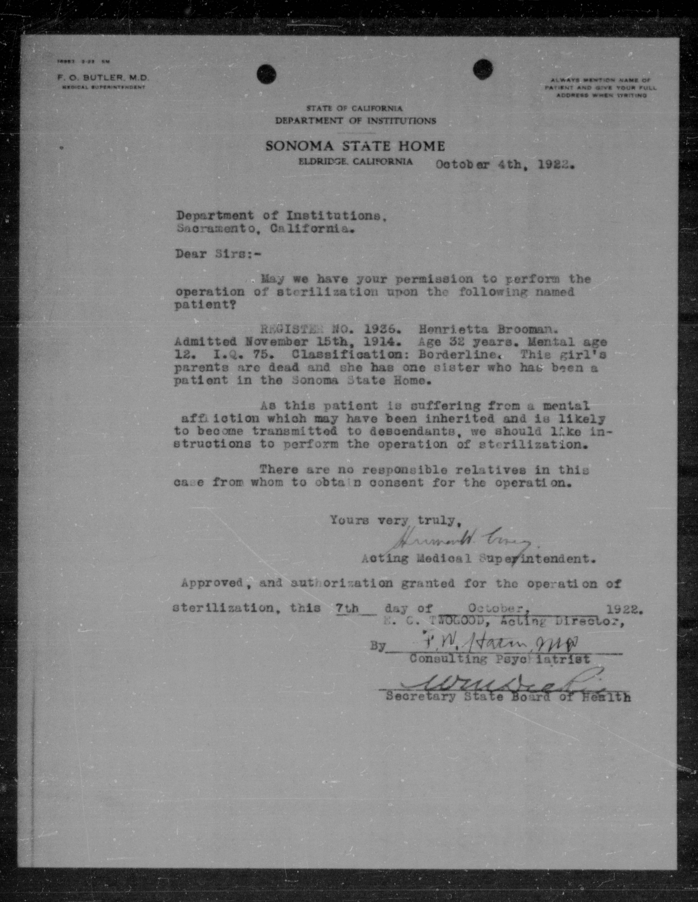 Henrietta Brooman's sterilization approval